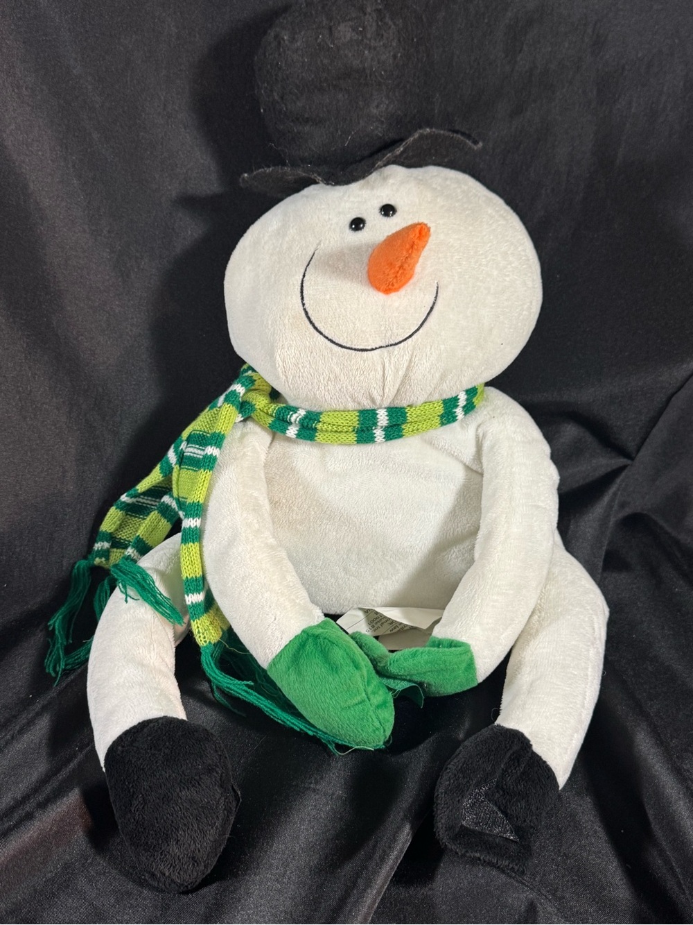 Plush Snowman with Green Striped Scarf hook/loop long arms/legs